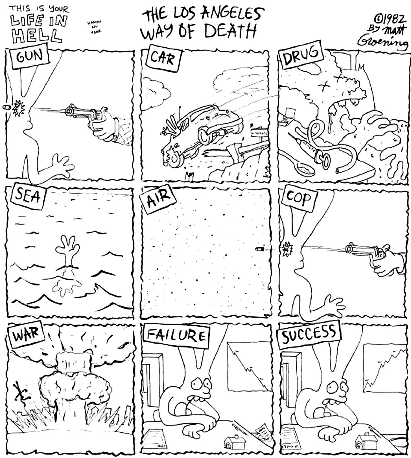 Life in Hell, "The Los Angeles Way of Death", as 9 principais maneiras de morrer em Los Angeles, incluem carro, drogas, mar, fracasso e sucesso.