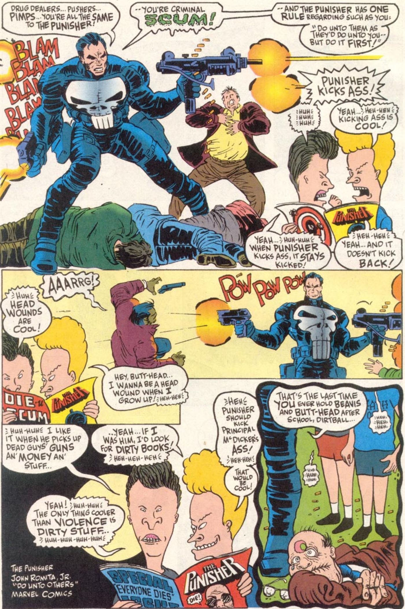 Beavis e Butt-Head lendo uma história em quadrinhos do Justiceiro.