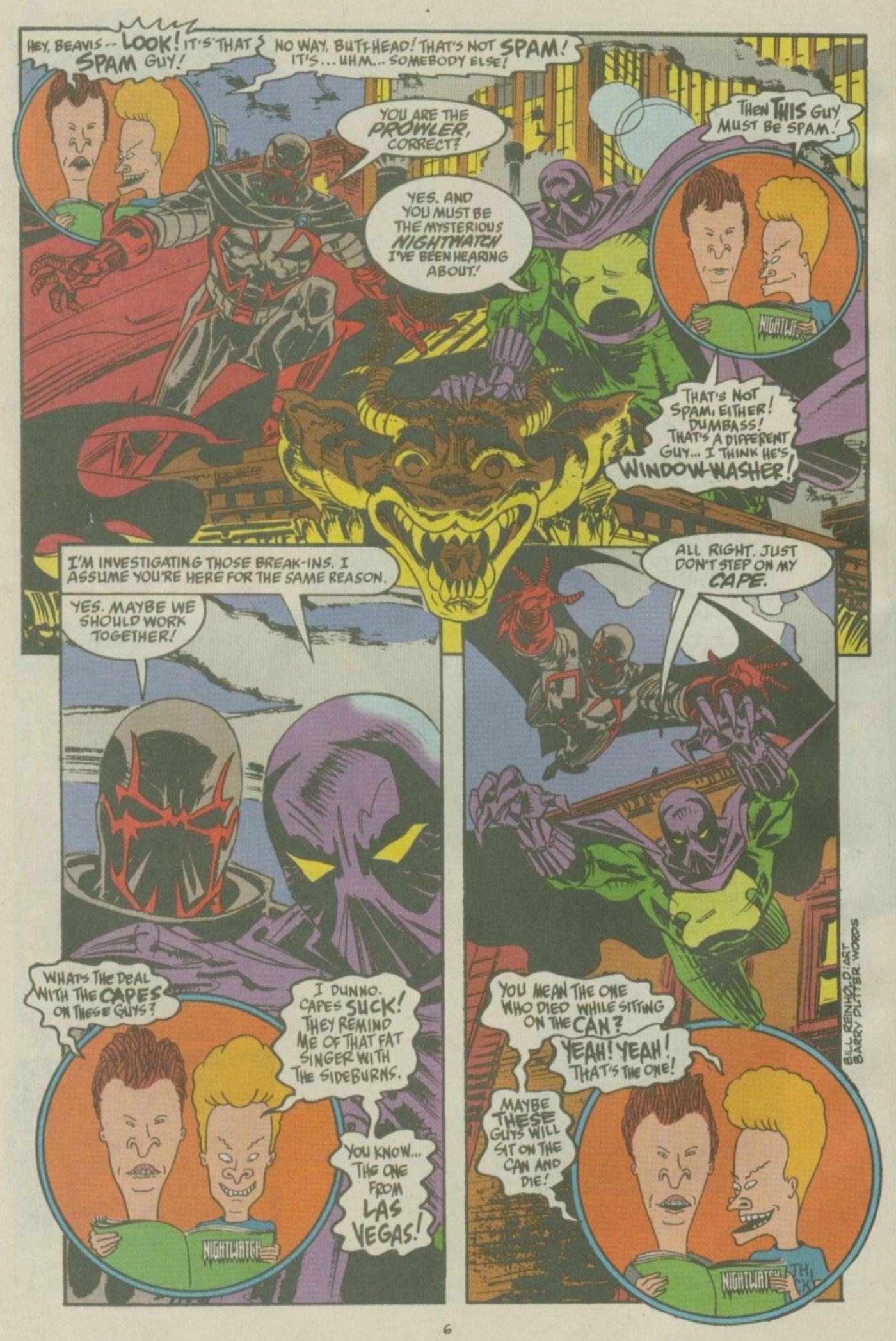 Beavis e Butt-Head lendo uma história em quadrinhos sobre Nightwatch e o Prowler.