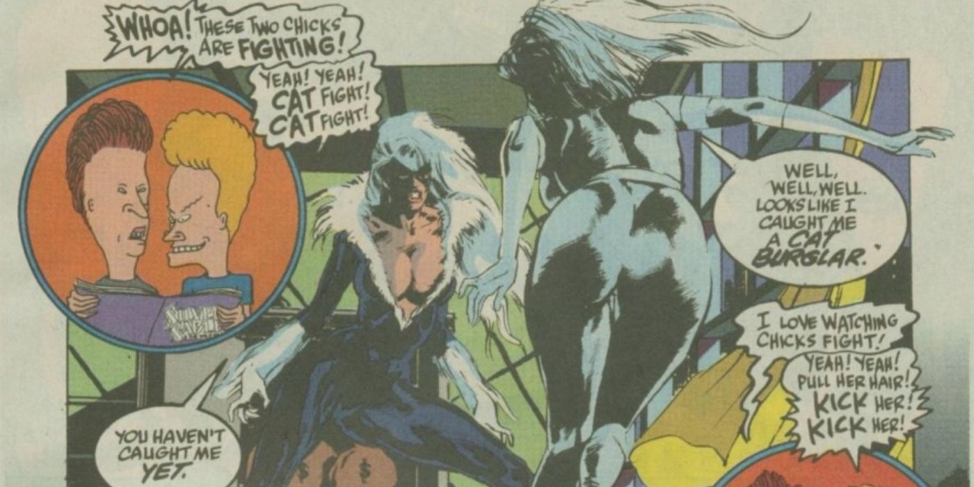 Beavis e Butt-Head assistindo a luta de Black Cat e Silver Sable.