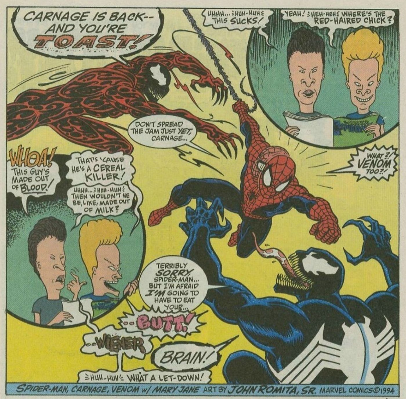 Beavis e Butt-Head lendo uma história em quadrinhos do Homem-Aranha.