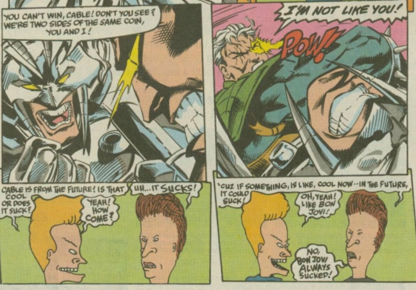 Beavis and Butt-Head reading a Cable comic, saying he 'sucks'. 