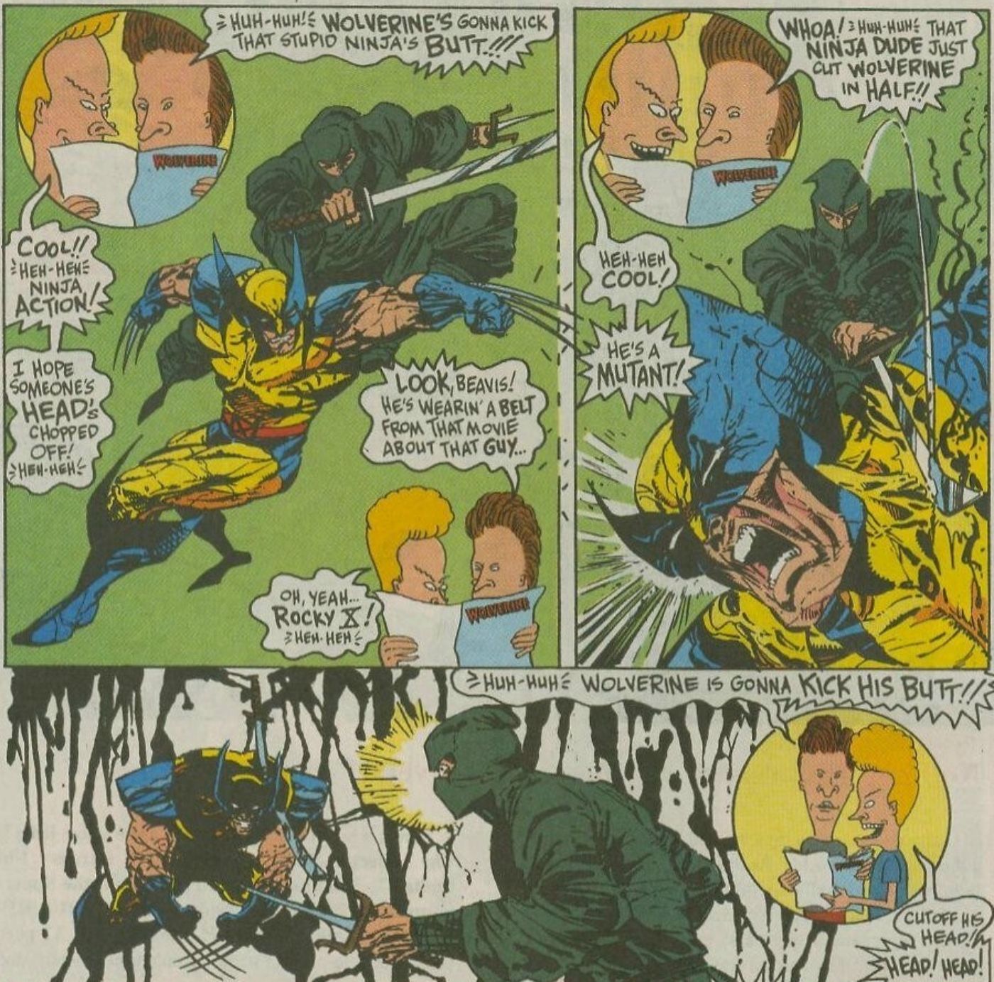Beavis and Butt-Head cheering on Wolverine as he's fighting a ninja.