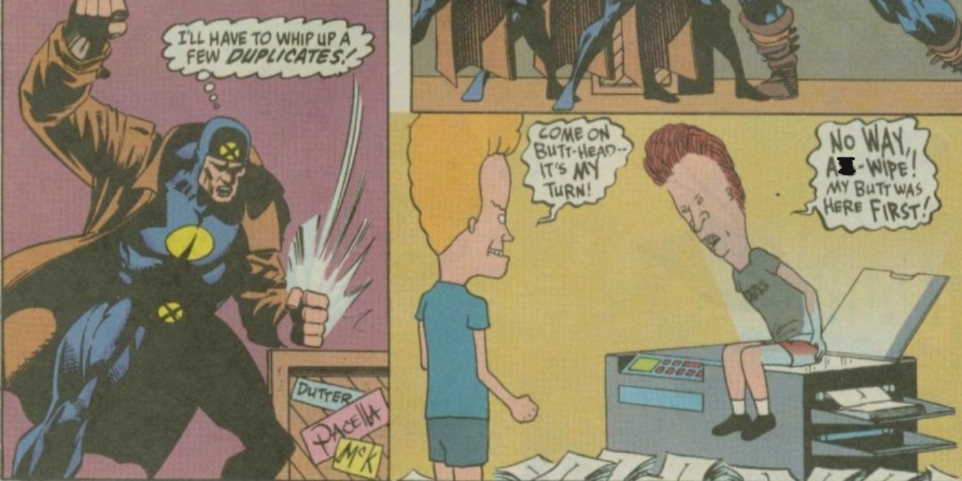 Beavis and Butt-Head making photocopies of their butts after being inspired by Multiple Man.