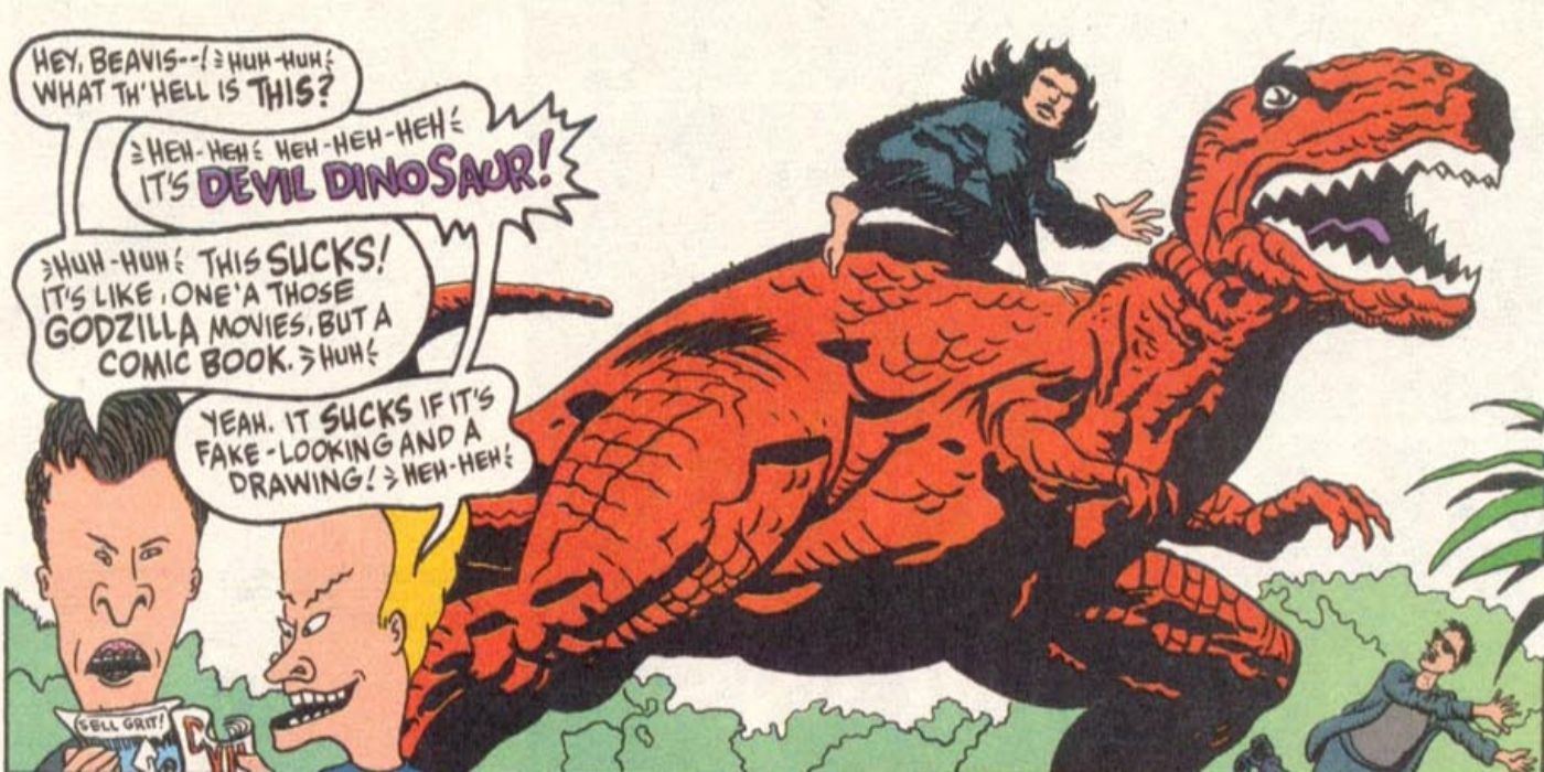 Beavis and Butt-Head reading a Devil Dinosaur comic.