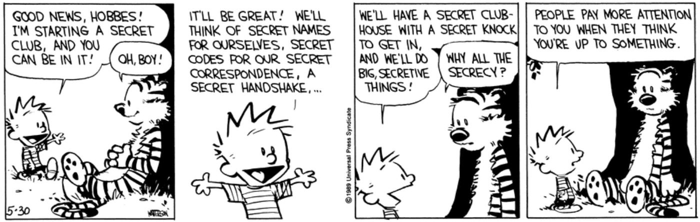 Tira de Calvin e Hobbes apresentando Calvin e Hobbes formando um clube secreto.