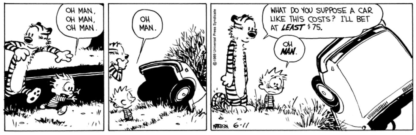Calvin e Haroldo olhando horrorizados para o carro da mãe de Calvin em uma vala.