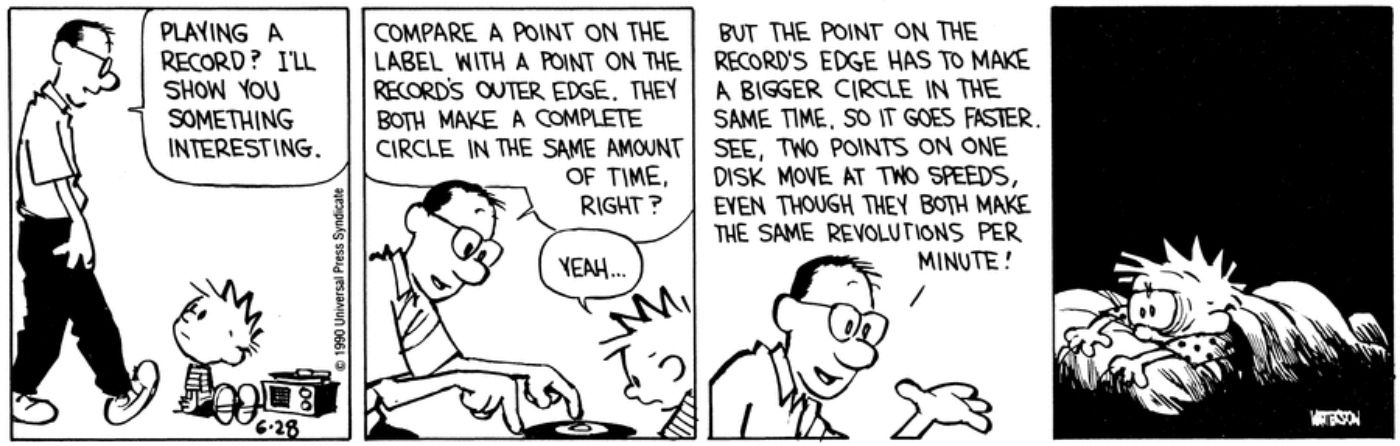 O pai de Calvin explicando a ele como funciona um toca-discos em Calvin e Hobbes.