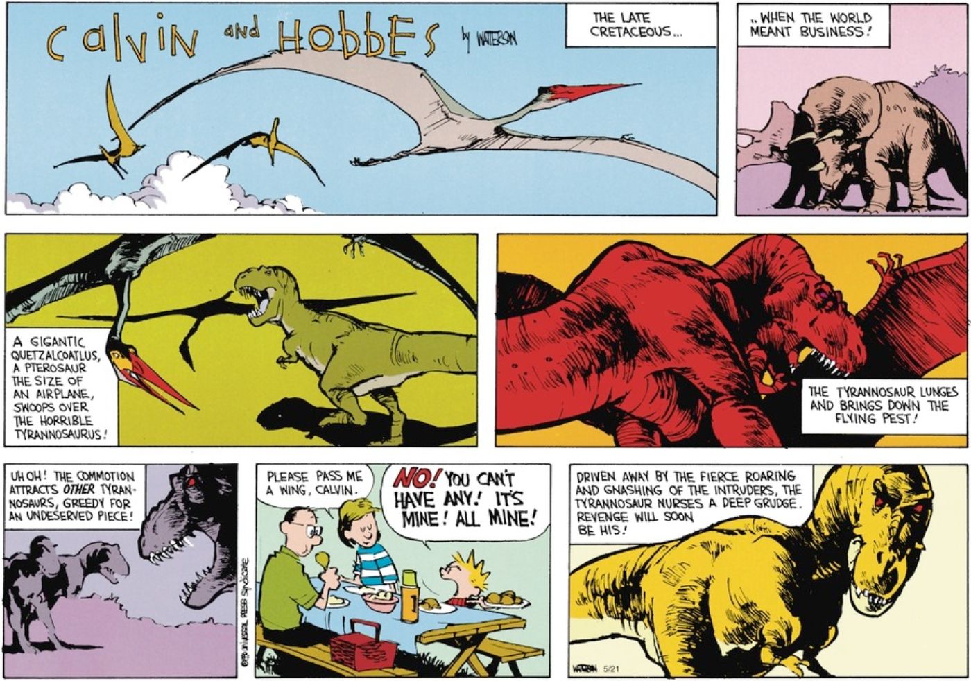 Calvin imaginando uma cena envolvendo dinossauros matando uns aos outros em Calvin e Haroldo.