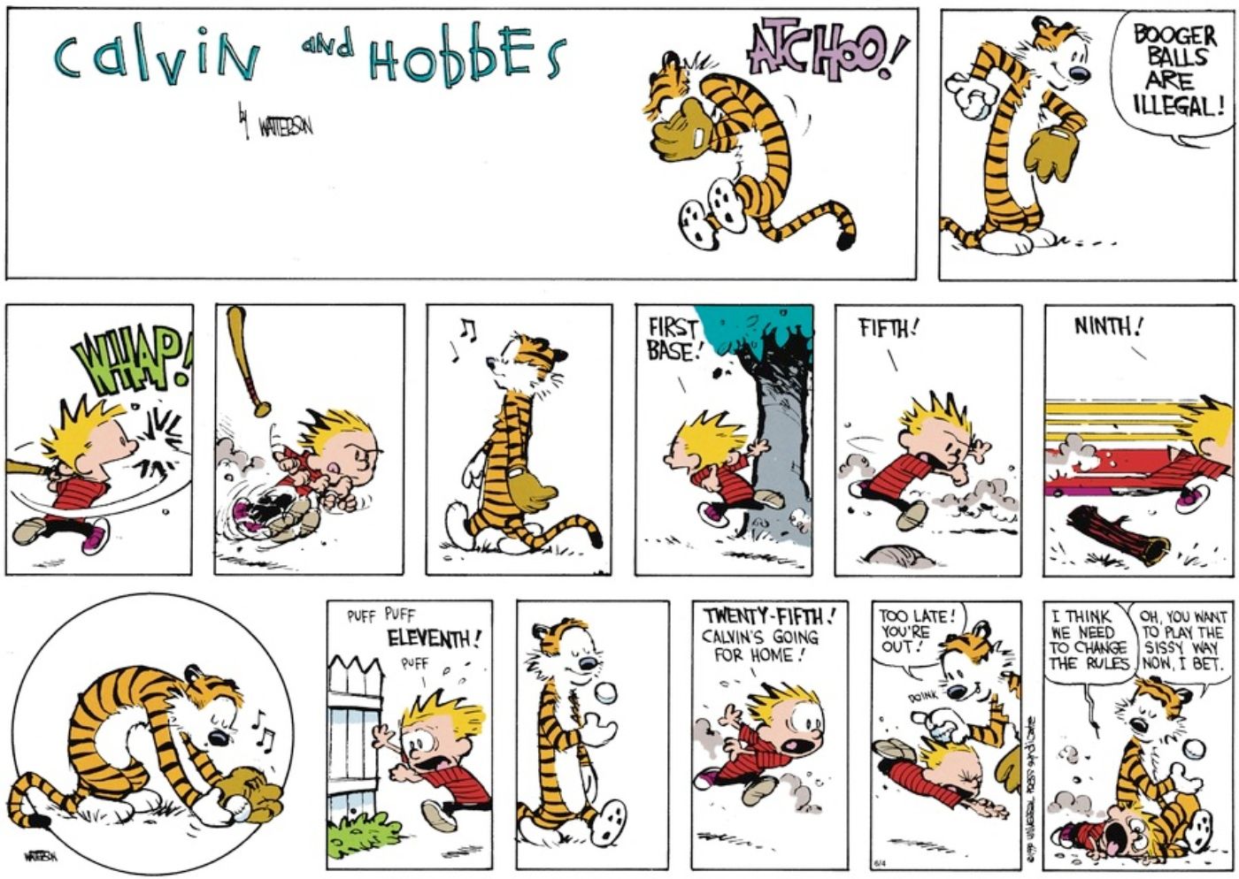 Calvin e Hobbes jogam beisebol seguindo suas próprias regras.