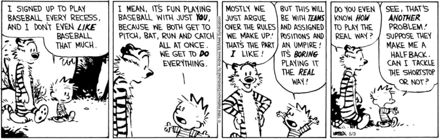 História em quadrinhos de Calvin e Hobbes mostrando os dois conversando sobre beisebol.