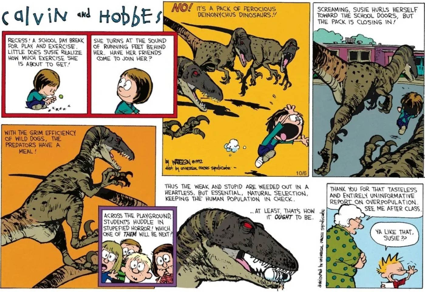 Calvin e Hobbes, Calvin imaginando que um colega de classe está sendo comido por dinossauros.