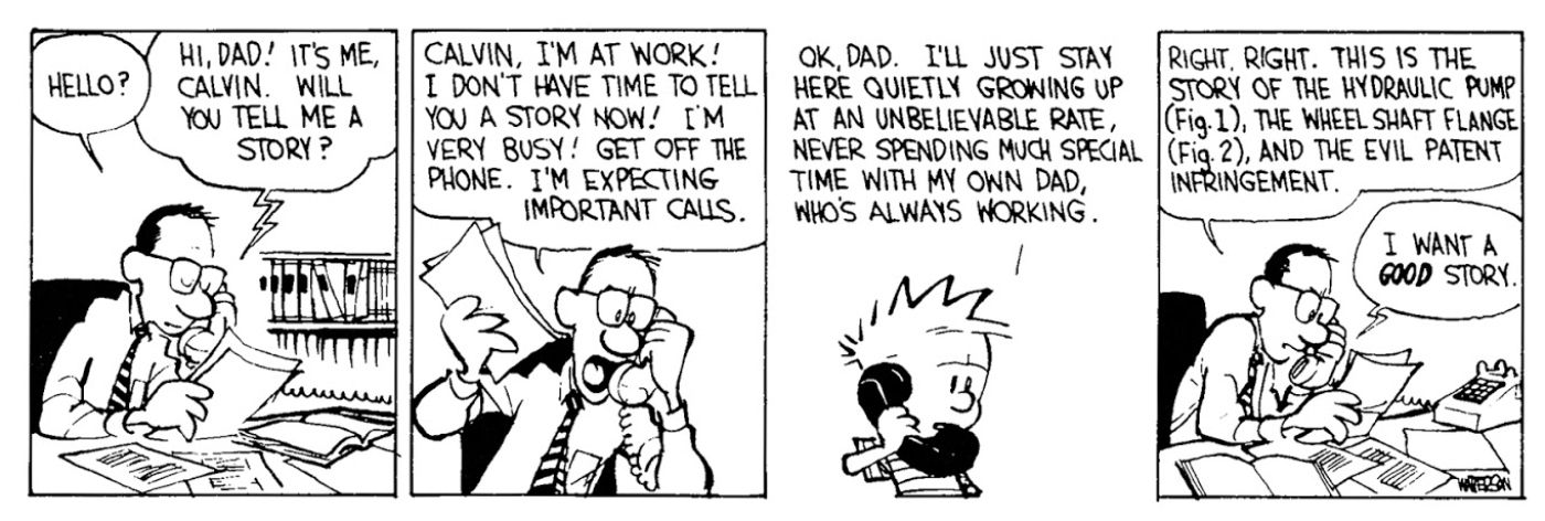 Calvin e Hobbes mostrando ao pai de Calvin lendo uma história para ele pelo telefone.