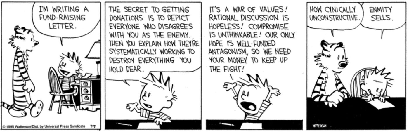 Calvin e Hobbes tentando arrecadar dinheiro para uma arrecadação de fundos.