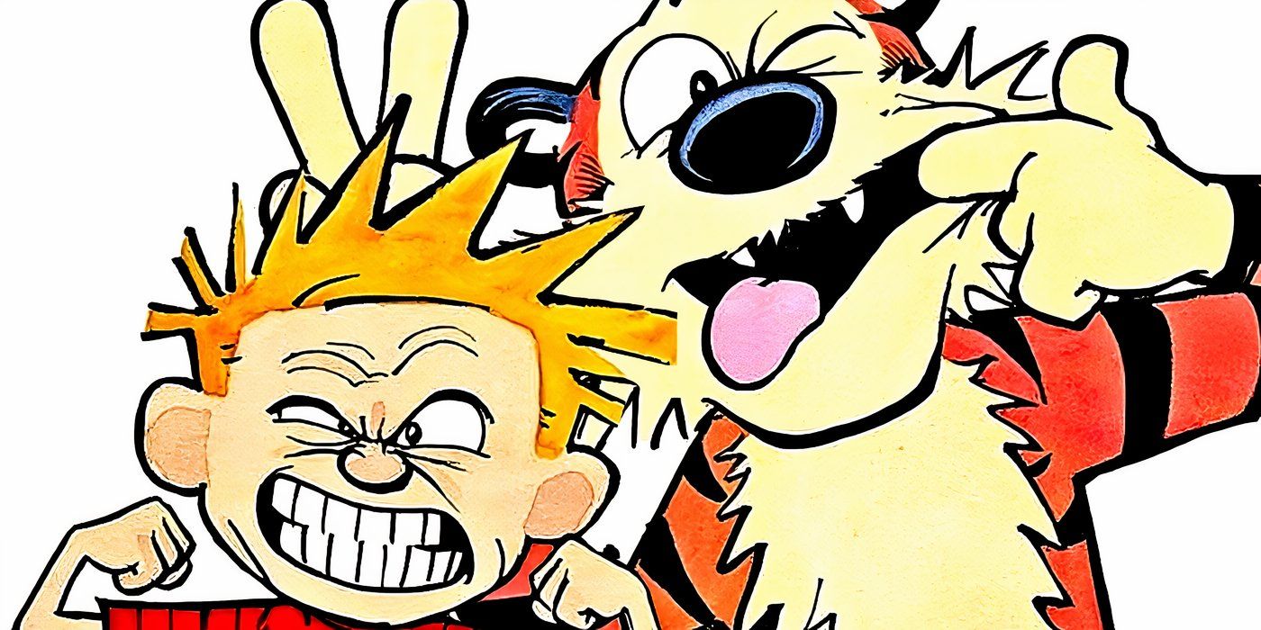 Calvin and Hobbes making funny faces together. 