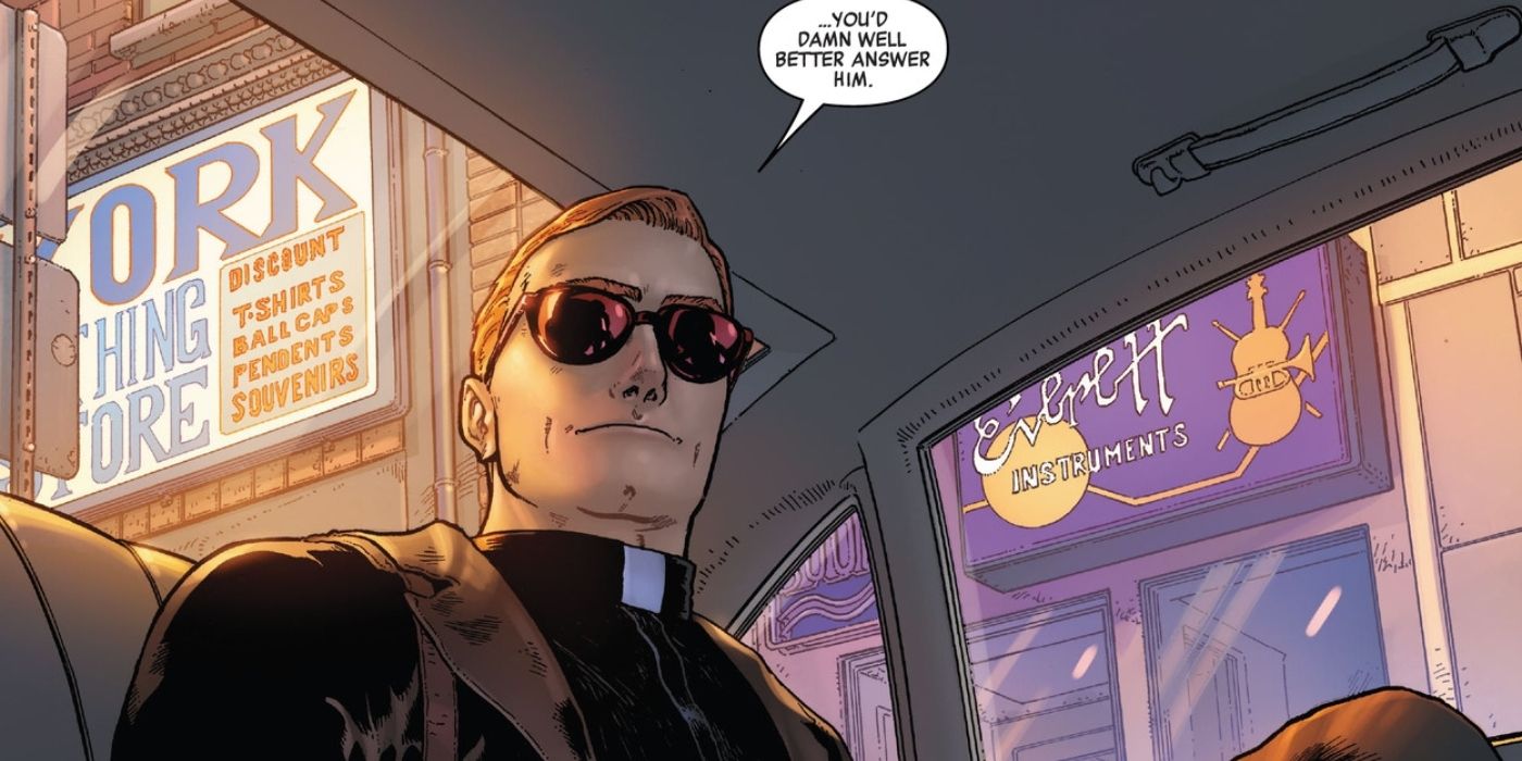 Matt Murdock em traje de padre sentado no banco de trás de um táxi, dizendo ao motorista para ouvir o chamado de Deus.