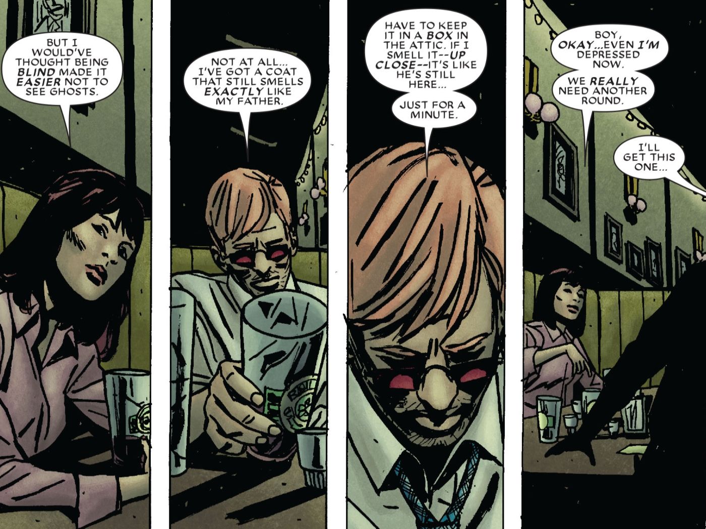 Um Matt Murdock deprimido se abrindo com um amigo no bar enquanto bebia.