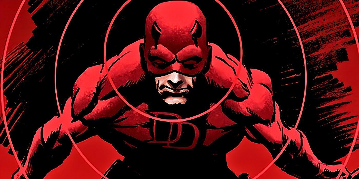 Daredevil looking directly at the reader, drenched in red, using his sonar superpower.