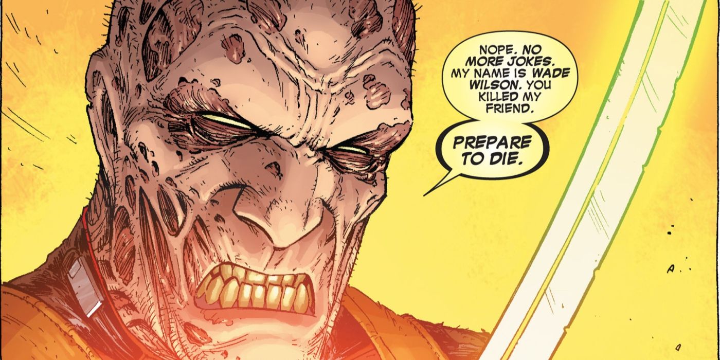 Deadpool telling his enemy to prepare to die.