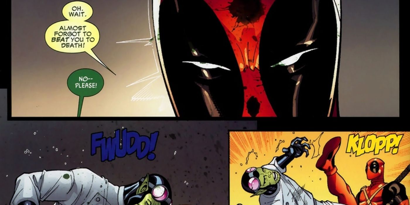 Deadpool threatening to kill a Skrull scientist. 