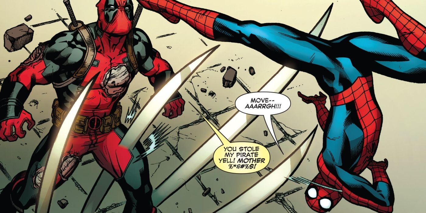 Deadpool ficando bravo com o Homem-Aranha por roubar seu 'grito de pirata'.