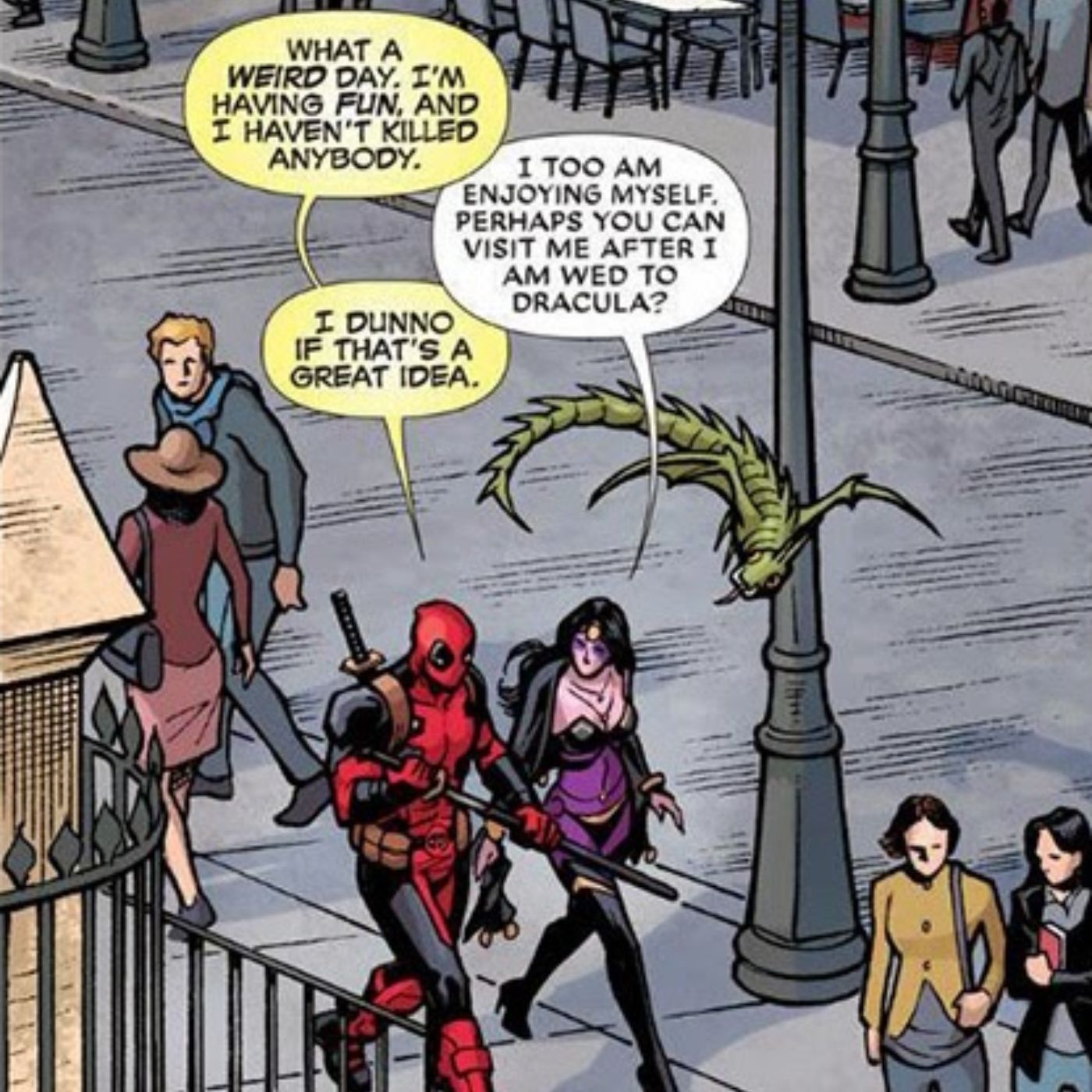 Deadpool se divertindo com a noiva do Drácula.