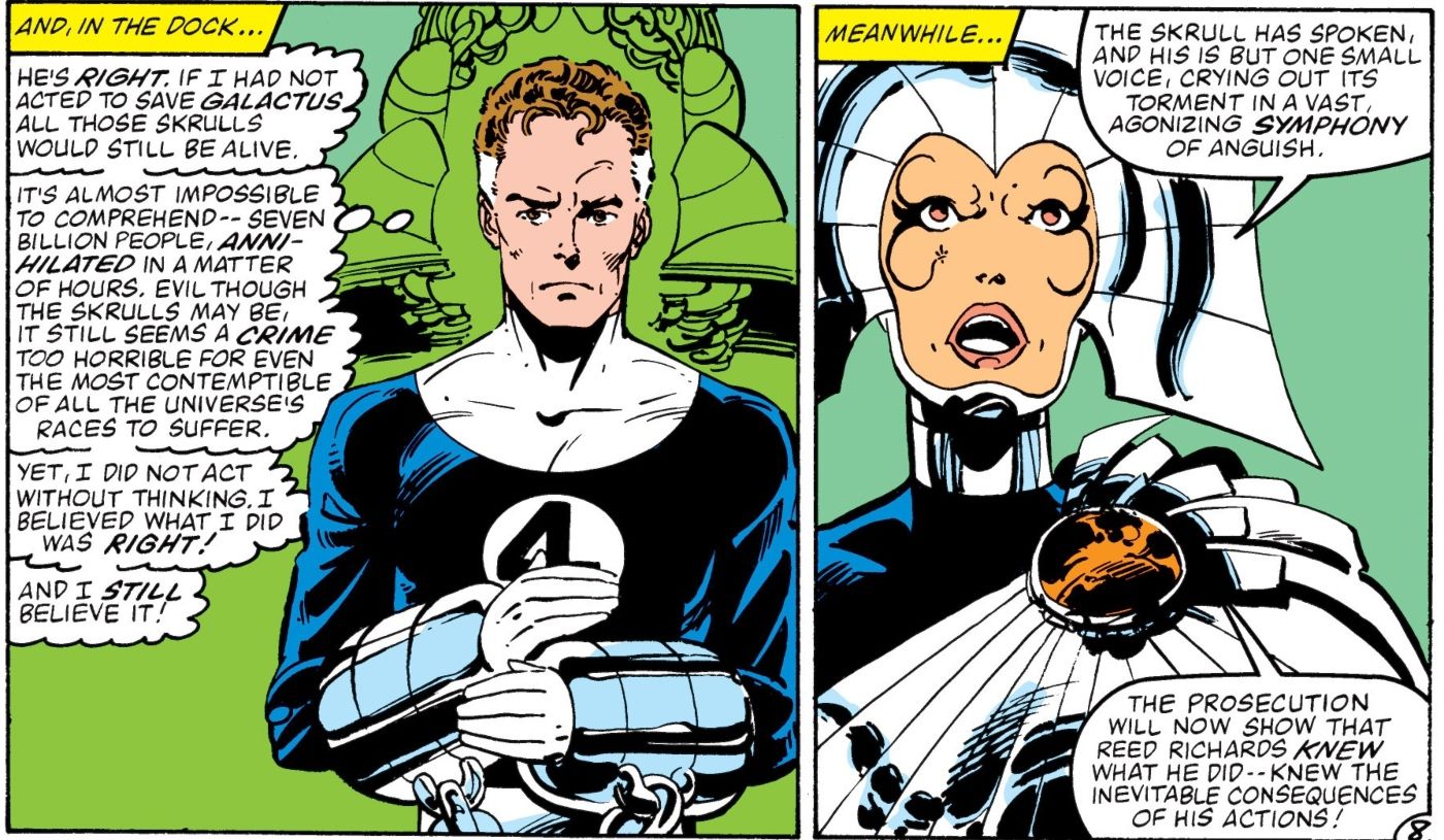 Reed Richards sendo julgado por salvar a vida de Galactus.