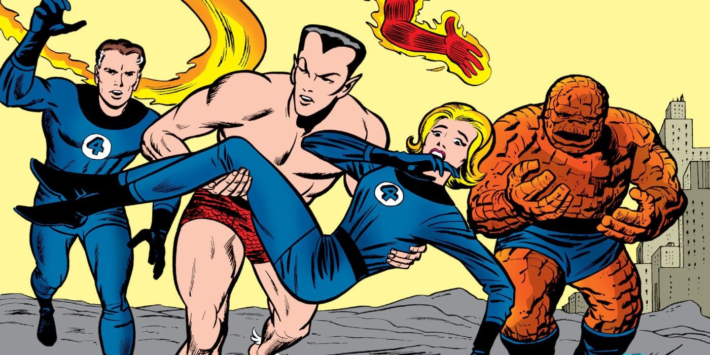 Namor running away with Sue Storm while the other Fantastic Four members chase him.