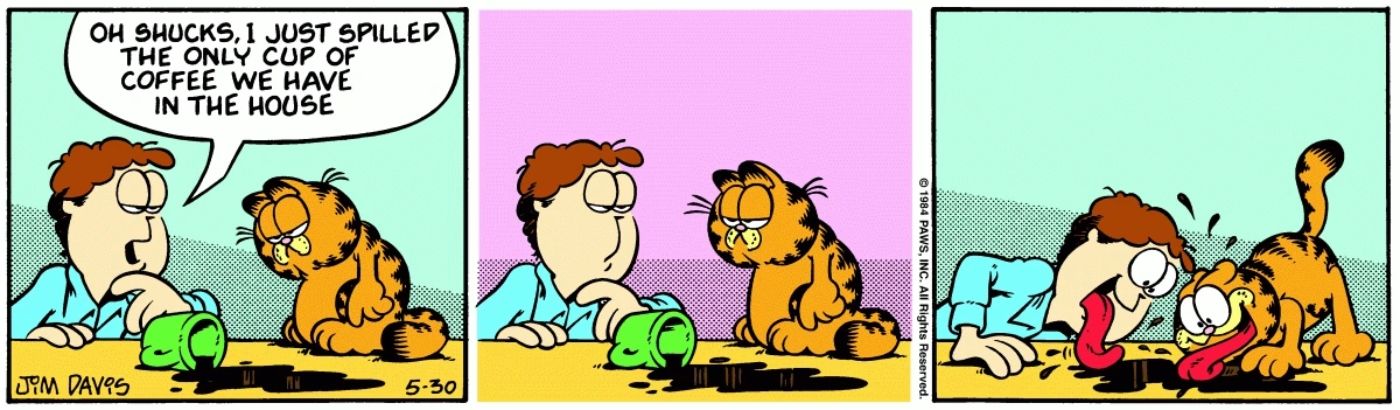 Jon and Garfield licking spilled coffee off the counter.