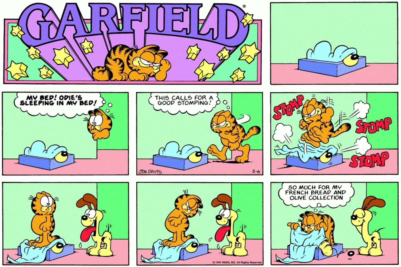 Garfield thinking Odie was sleeping in his bed.