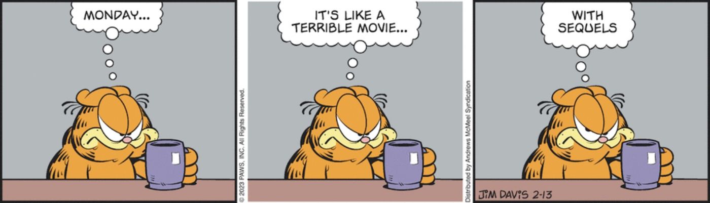 Garfield bebendo seu café miseravelmente, odiando segunda-feira.