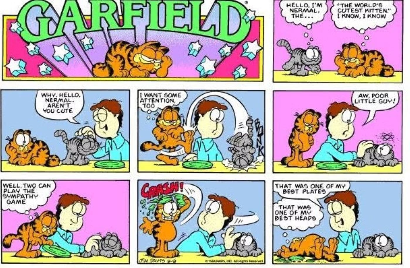 Garfield intimidando Nermal e sendo repreendido por Jon.