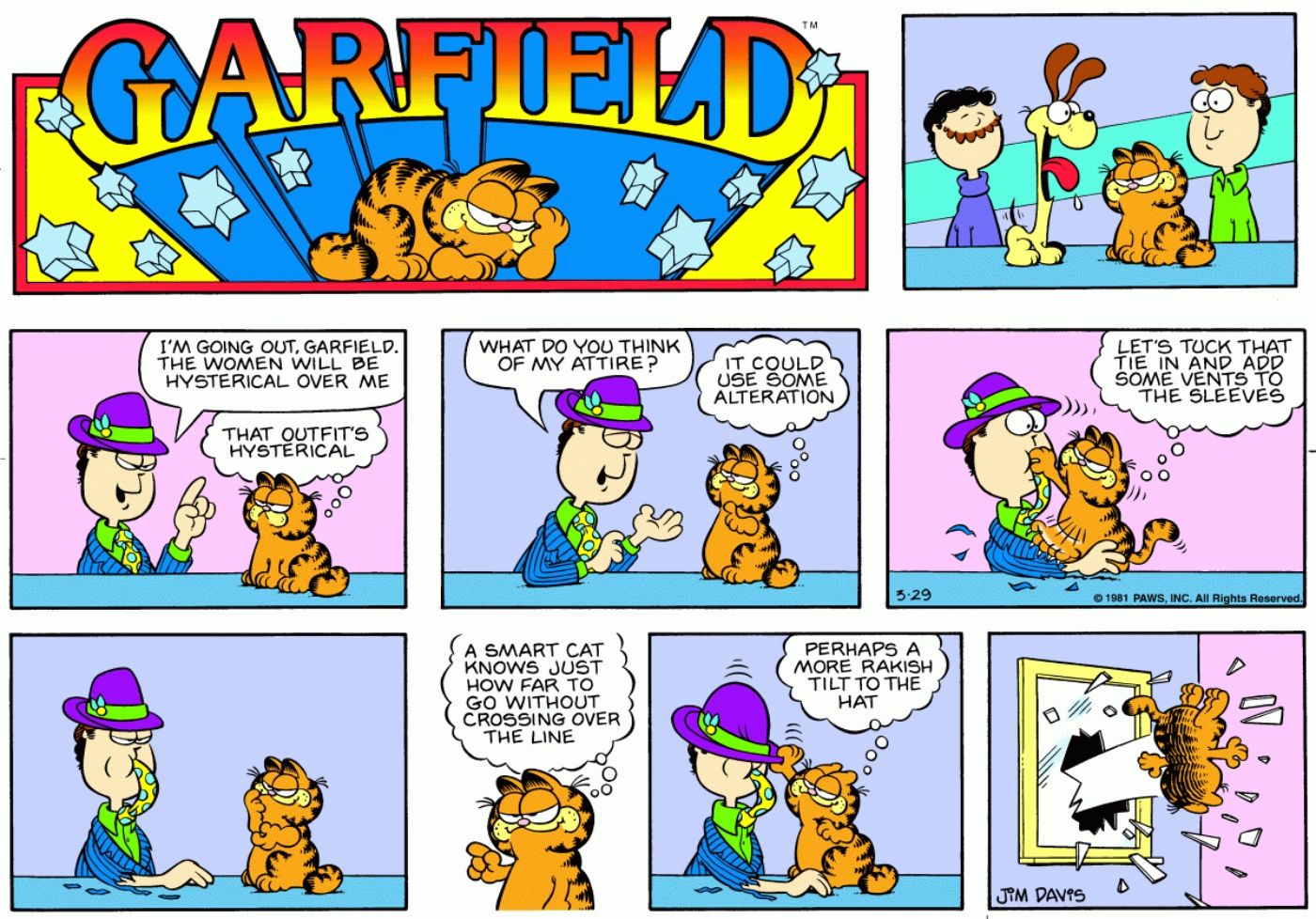 Garfield está zombando da roupa de Jon e Job o joga pela janela.