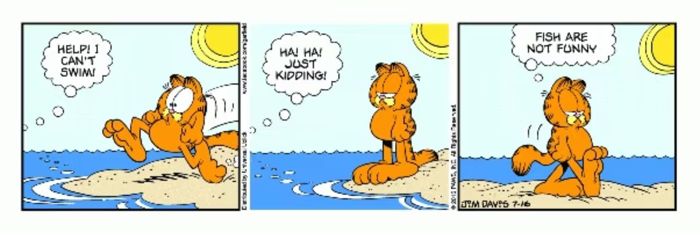 Garfield na praia sendo enganado por peixes.