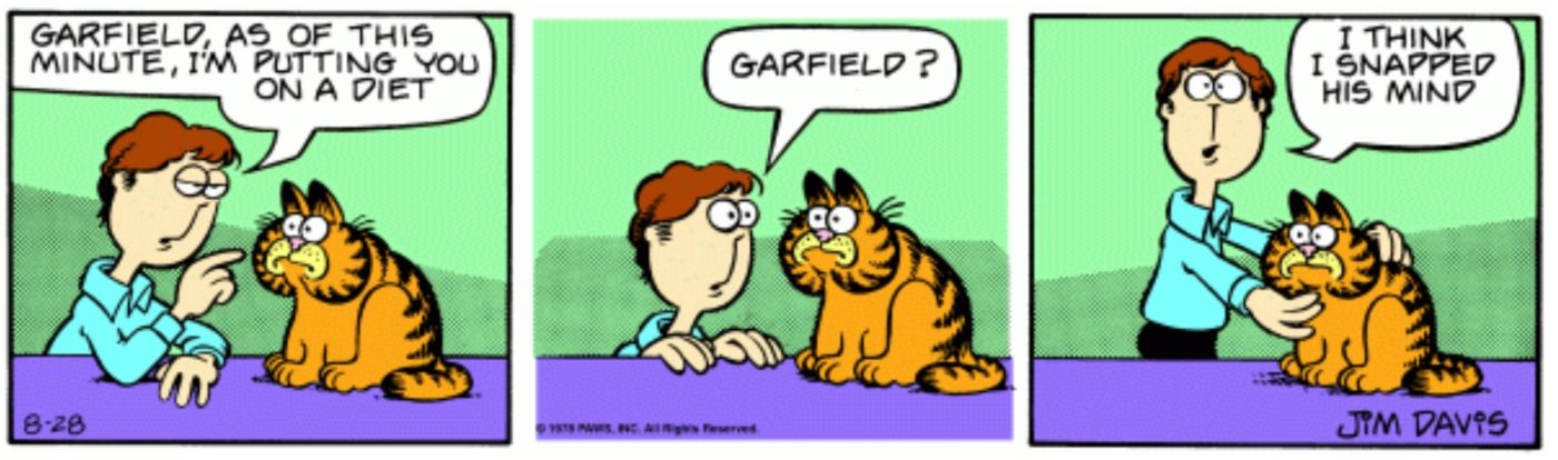 Garfield enlouquece depois que Jon o coloca em dieta.