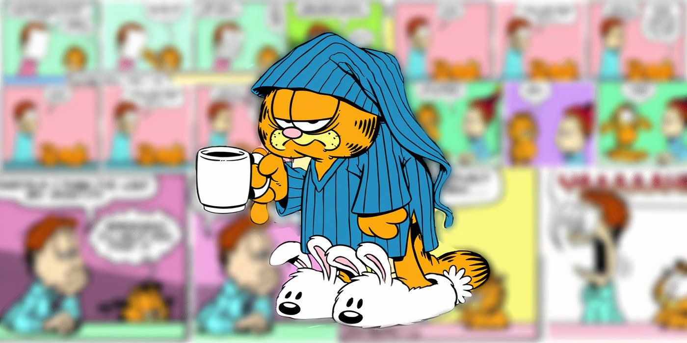 Garfield looking miserable with a cup of coffee and his pjs. 