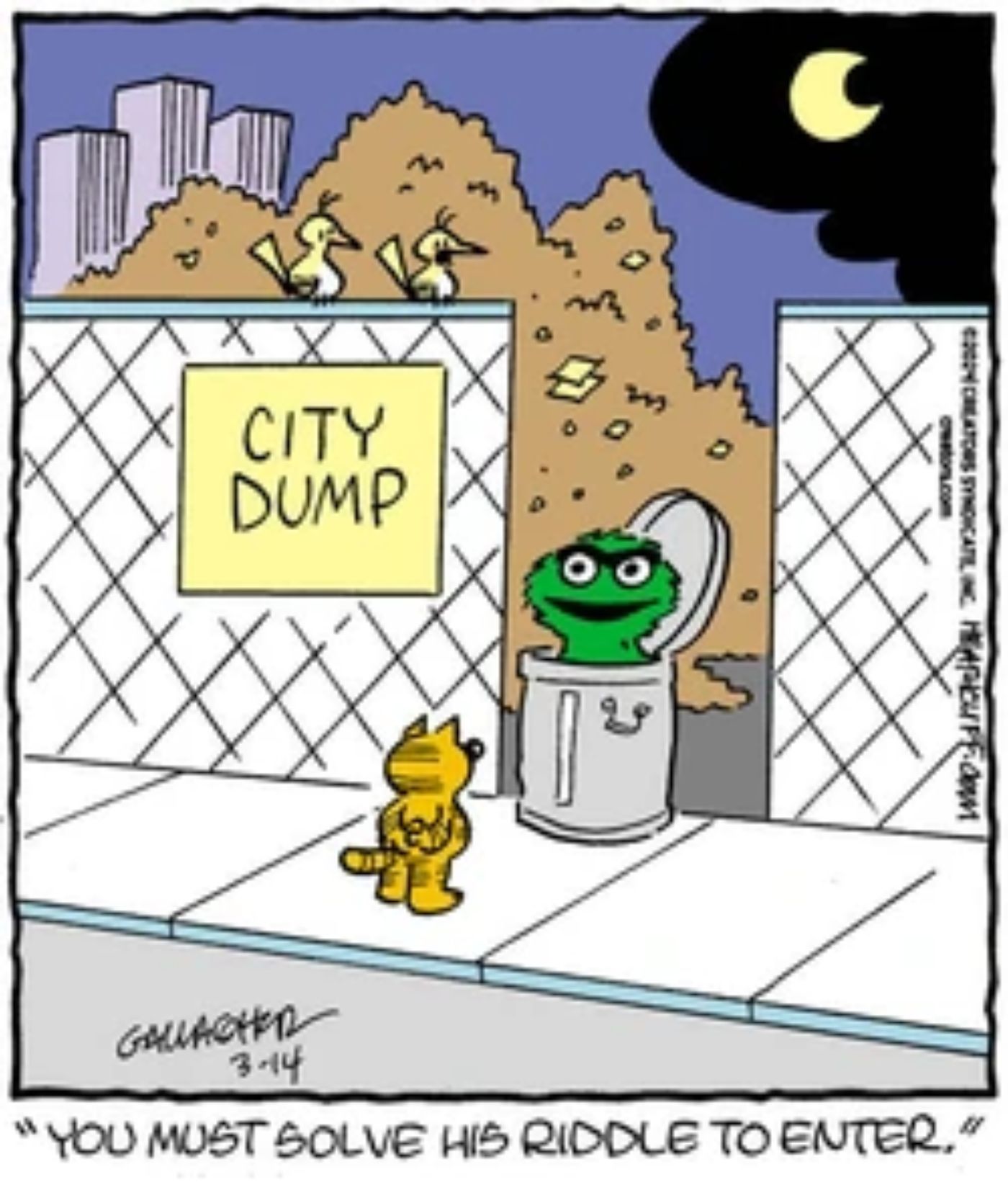 Heathcliff encontrando Oscar the Grouch da Vila Sésamo.