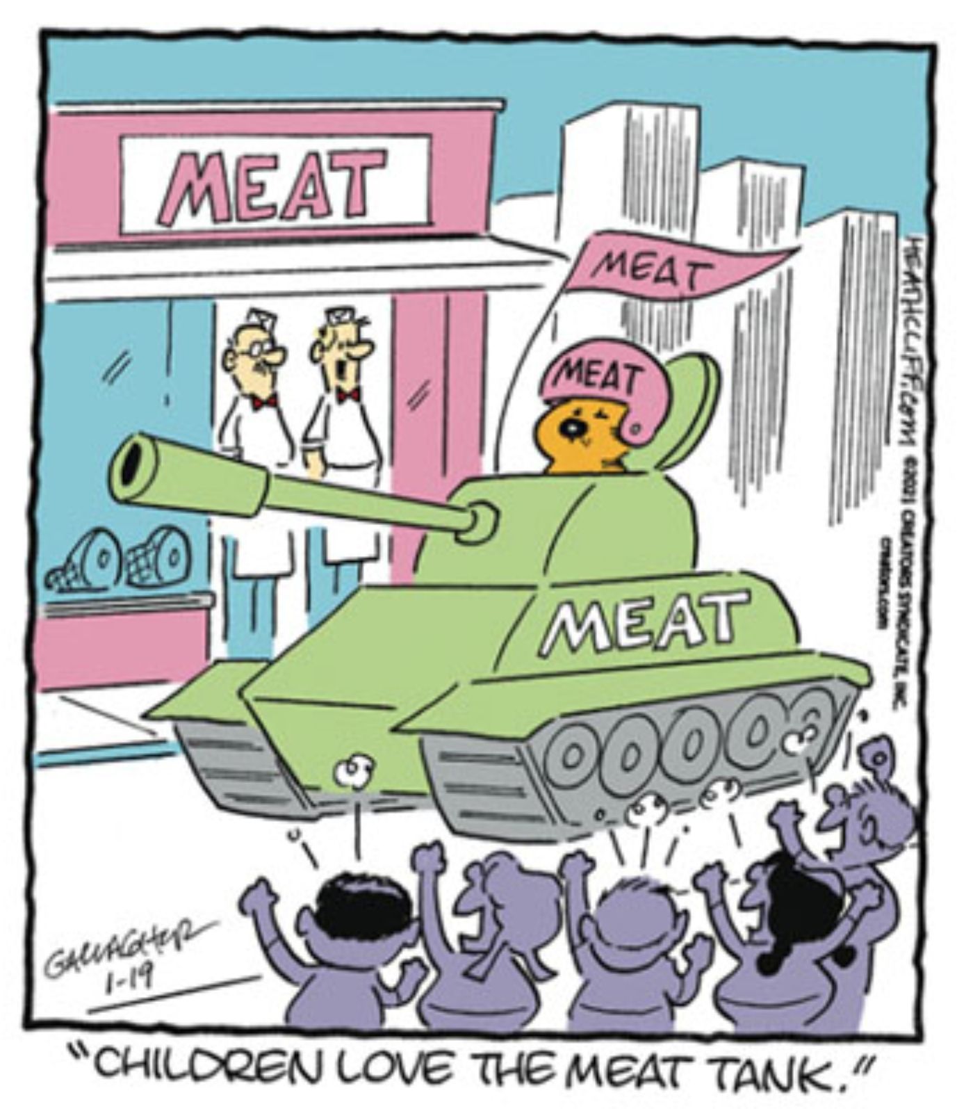 Heathcliff dirigindo um tanque de carne.