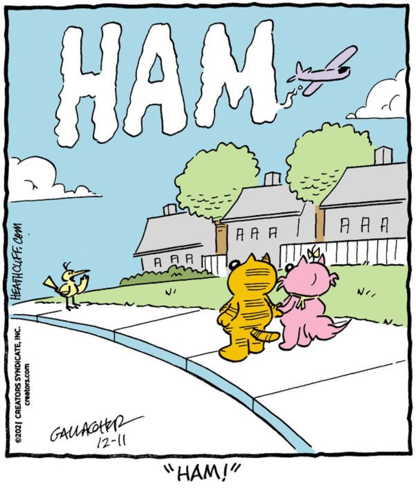 Heathcliff e sua namorada vendo a palavra 'presunto' escrita no céu.