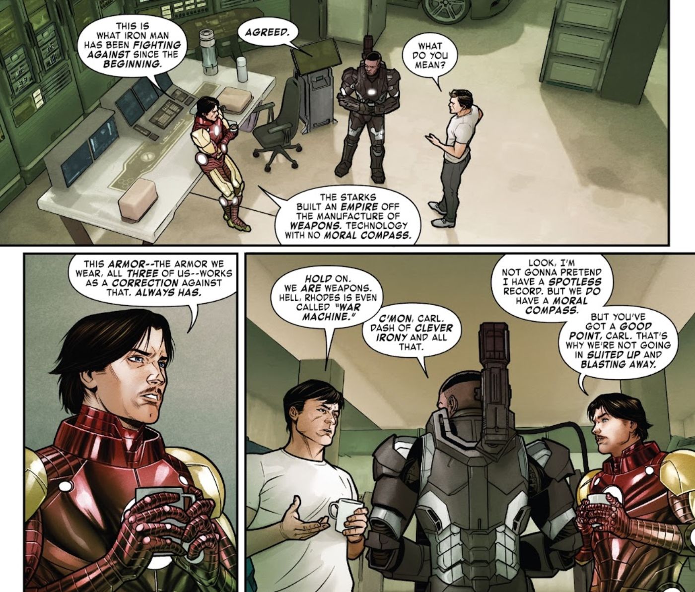Iron Man and War Machine planning a strategy against their foe. 