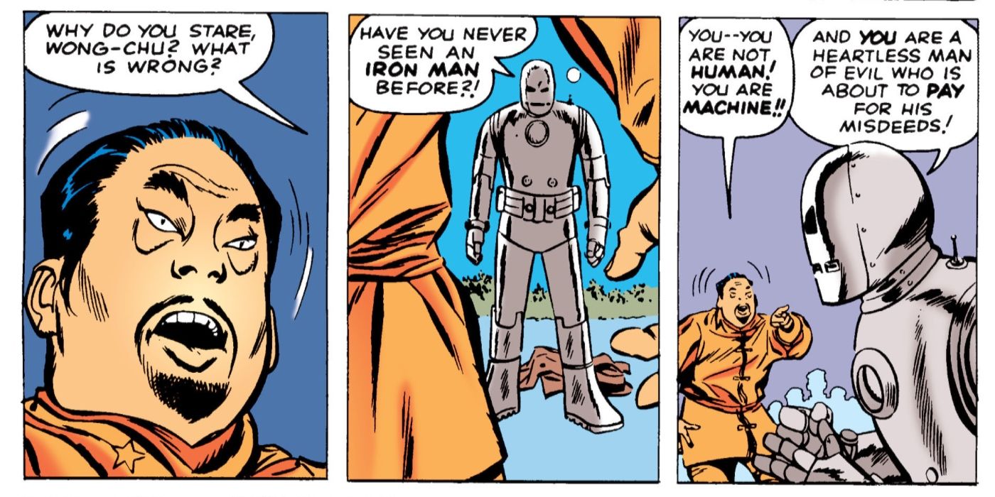 Tony Stark estreando como Homem de Ferro, desafiando seus captores para uma luta.