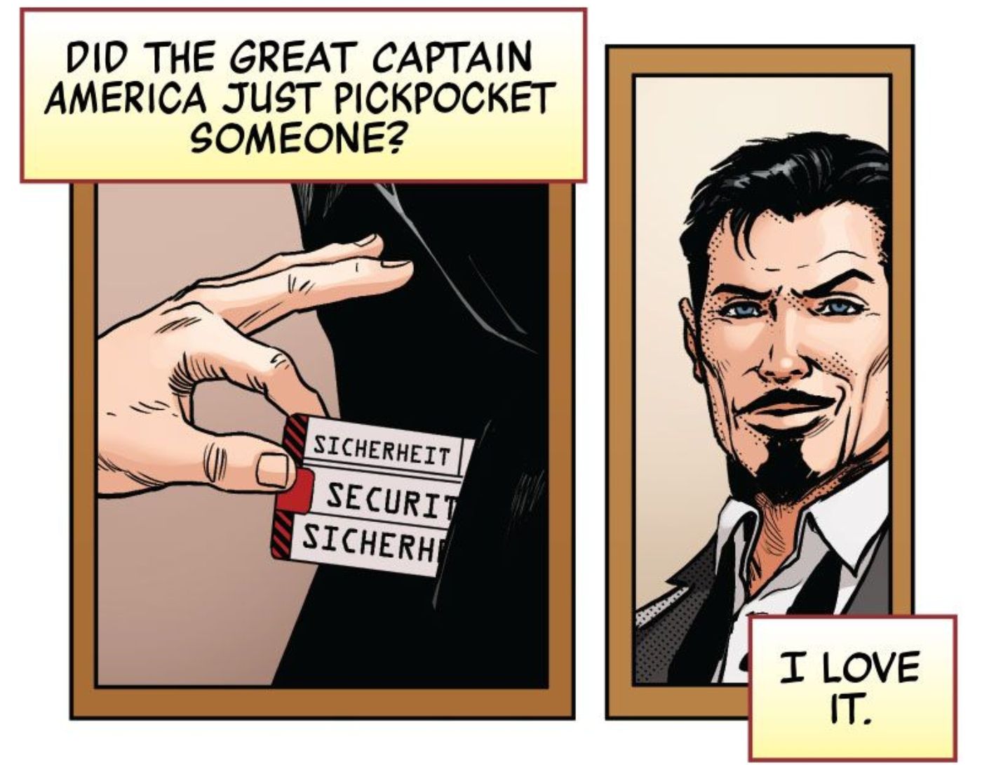 Tony Stark watching Captain America pickpocket someone to obtain information.