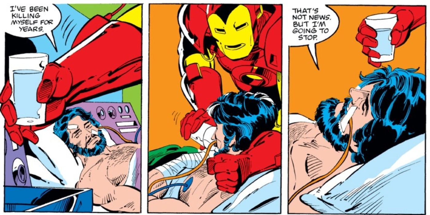 Tony Stark lying in a hospital bed as Rhodey's Iron Man helps him drink a glass of water.