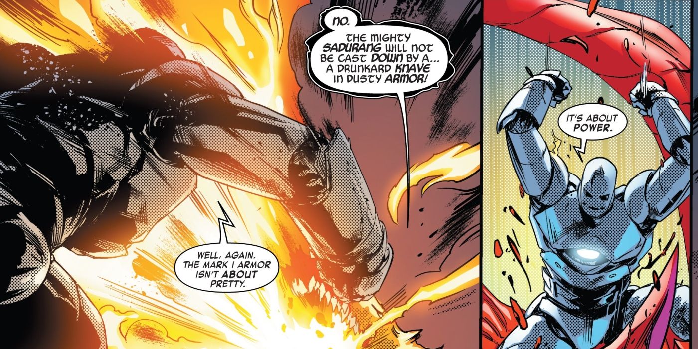 Iron Man melawan Naga sambil mengenakan baju zirah Mark 1 miliknya.