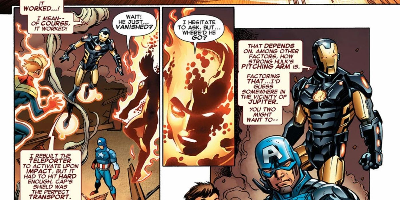 Iron Man dan Avengers berdiri di tengah kekacauan dan puing-puing setelah melawan Abomination.
