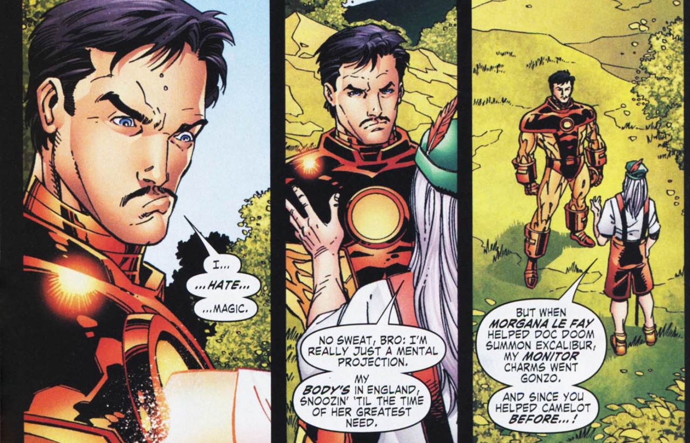 Iron Man berbicara dengan Merlin sementara sang penyihir menusukkan tangan kanannya ke dadanya.