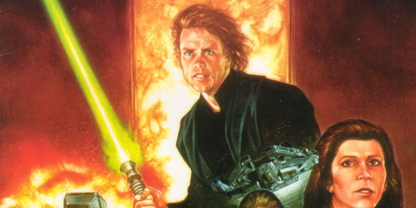 Luke Skywalker empunhando seu sabre de luz verde com uma explosão atrás dele.