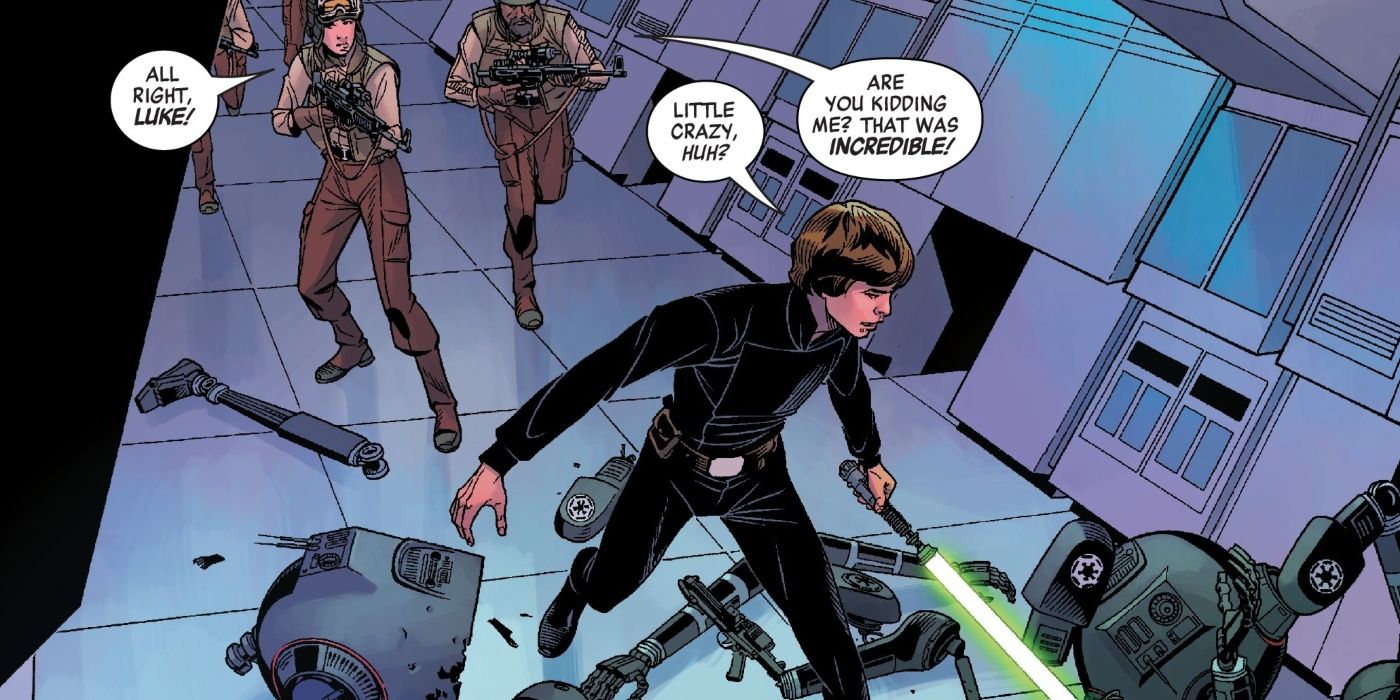 Luke Skywalker lutando ao lado de um esquadrão de soldados rebeldes.