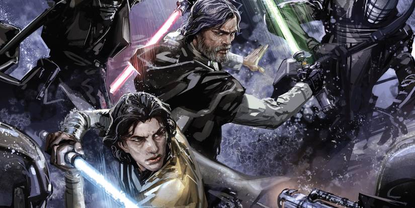 Luke Skywalker and Ben Solo fighting the Knights of Ren.