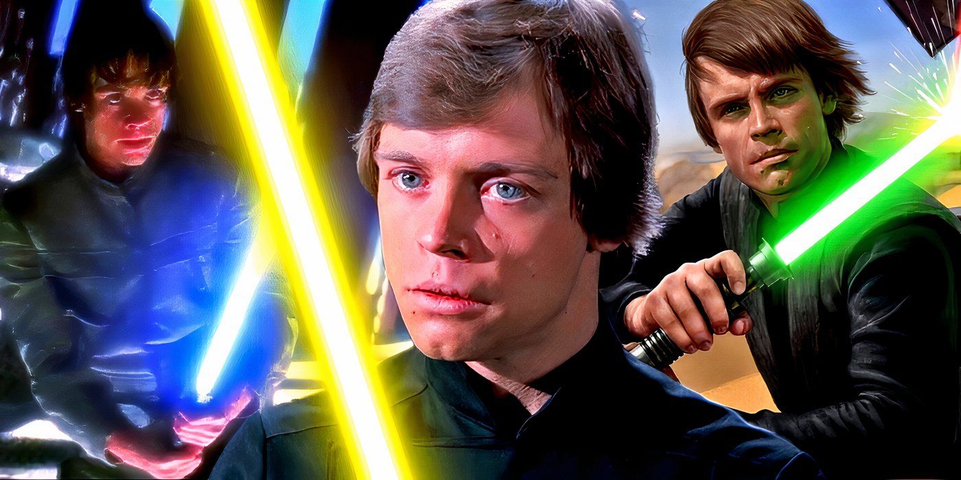 Un collage de tres versiones de Luke Skywalker, una con una espada azul, otra con una espada amarilla y otra con una espada verde.